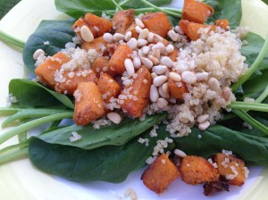 Roasted Butternut squash pine nuts and quinoa on spinach