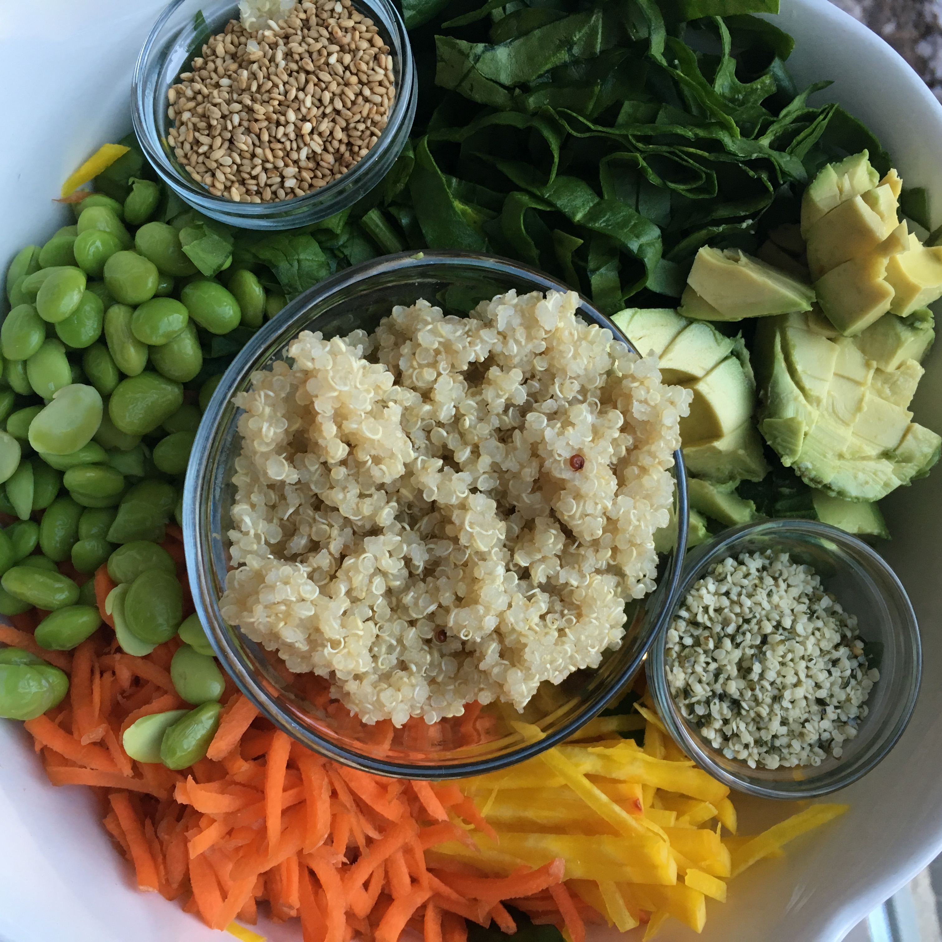 Crazy Spinach Salad by Sarita Shoemaker.  Vegan Nutrient Dense Easy Recipe Quinoa Spinach Raw
